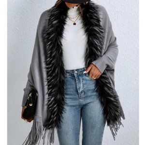 Faux Fur & Fringe Trim Dolman Sleeve knit Duster Cardigan sweater Gray
